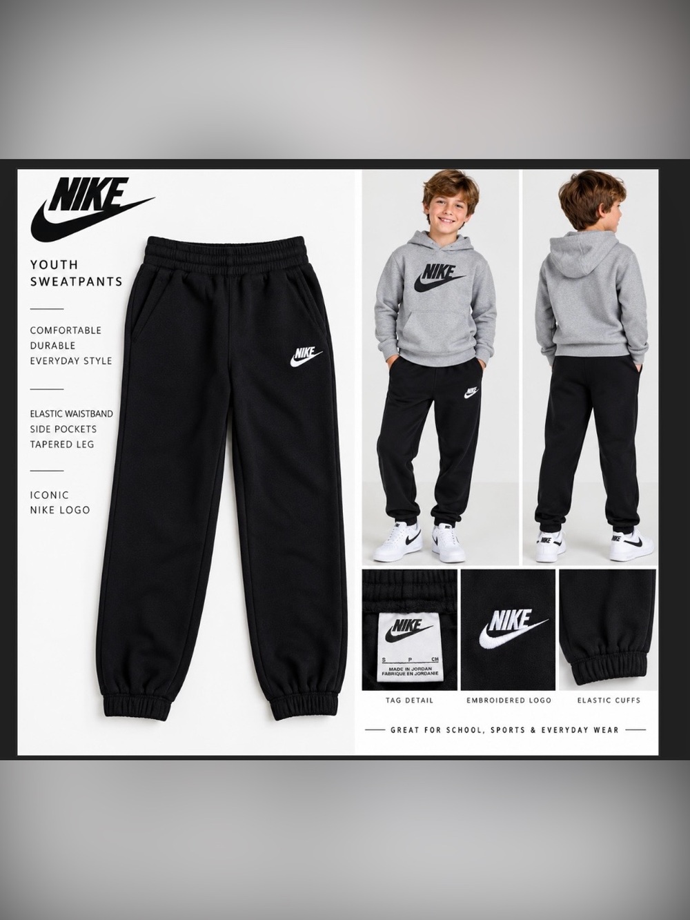 Nike Black Kids Fleece Joggers with White Swoosh